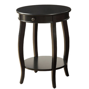 English Elm Black End Table with Drawer and Shelf — Round Top, Cabriole Legs, Solid Wood Accent for Living Room B062P189134
