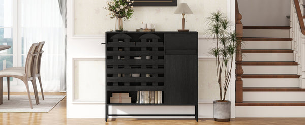 English Elm Buffet Black Woven Arched Door Sideboard with Adjustable Shelves, Metal Legs, Drawer, Entryway-Friendly W2977P338264