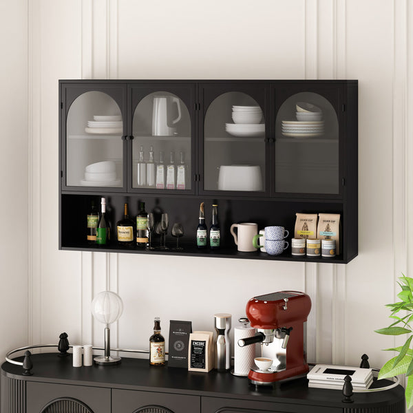 English Elm 47.25" Four-door Glass Wall Cabinet Storage - Durable Iron & Tempered Glass, Space-Saving Vertical Organizer Black W757P205949