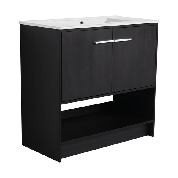 English Elm 36" Bathroom Vanity With Ceramic Sink, Soft-Close Doors, Modern Plywood Cabinet & Open Shelf Storage W1972S00020