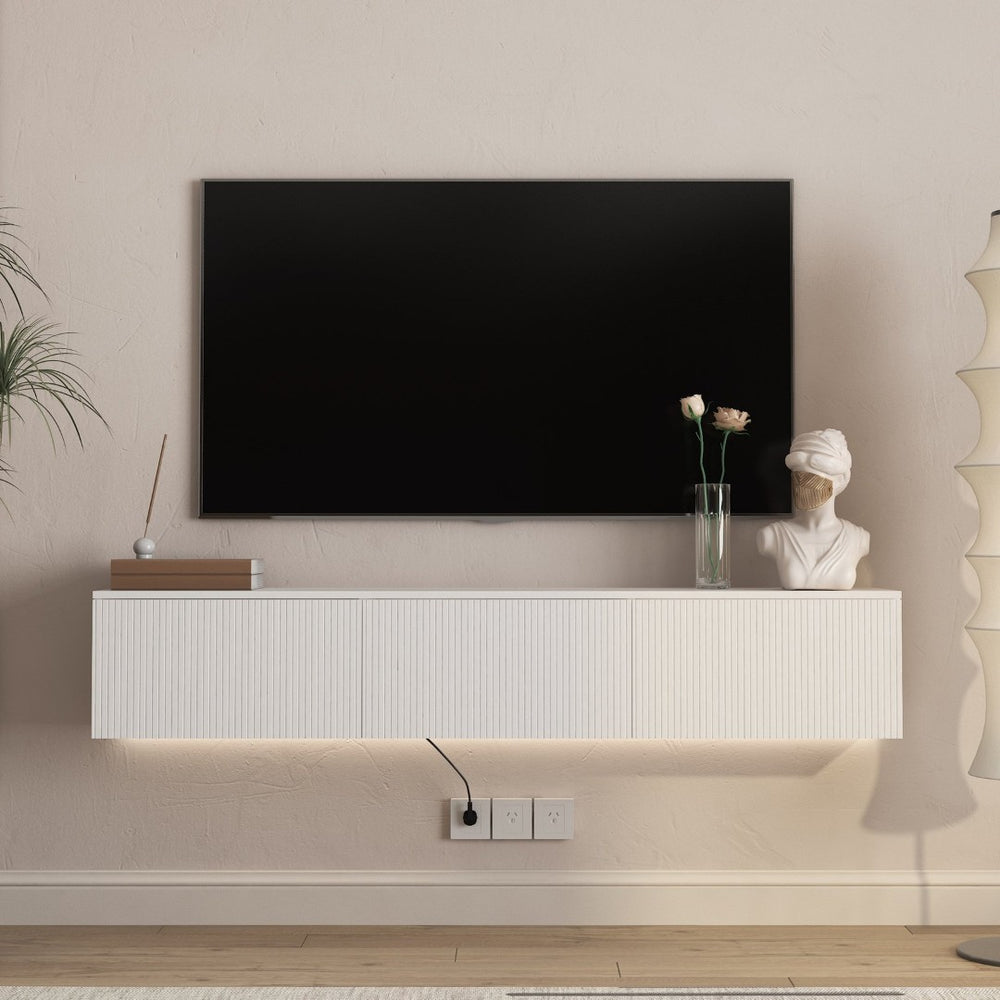 English Elm Floating Wall Mounted Tv Stand with Led Lighting Modern Media Console for Large Screens W1321P405330