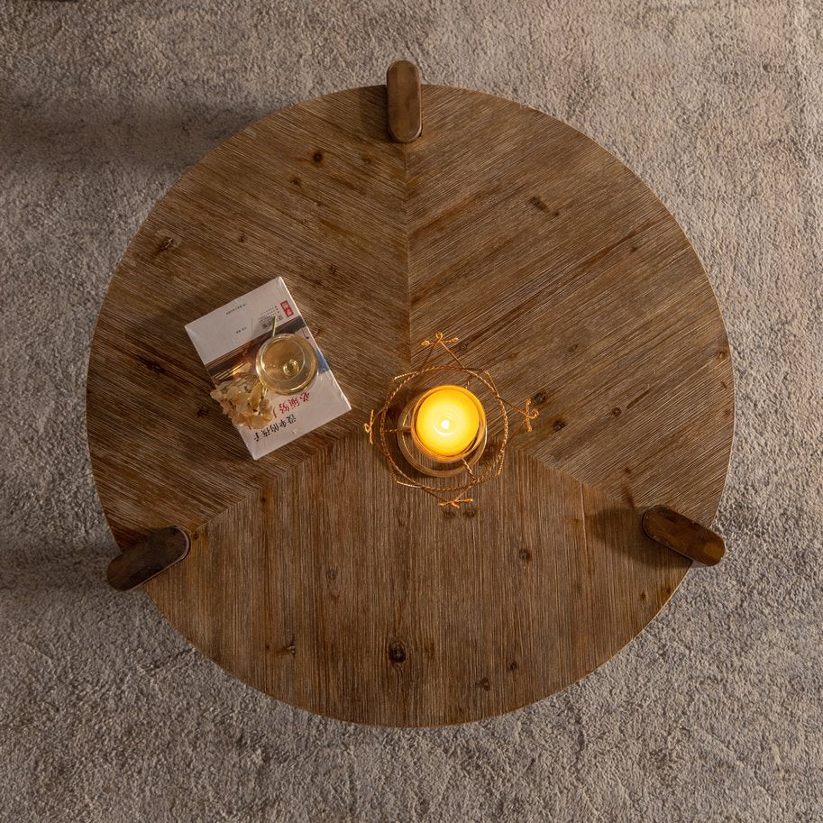 English Elm Wood Round Coffee Table Rustic Natural Solid Wood MDF Accent Table for Living Room Easy Assembly, Stylish W3158P297416