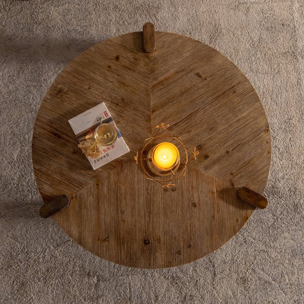 English Elm Wood Round Coffee Table Rustic Natural Solid Wood MDF Accent Table for Living Room Easy Assembly, Stylish W3158P297416