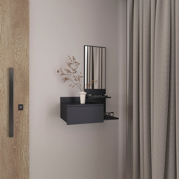 English Elm Vienna modern floating mirror console with 3-tier open shelves and full-extension drawer for entryway storage Black 31.5 L x 18.2 W x 6 H B070P242499