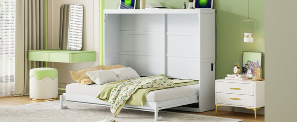 English Elm Queen Murphy Wall Bed Rattan Cabinet Front Folds Slim for Studio or Guest Room White N708S00012K-2