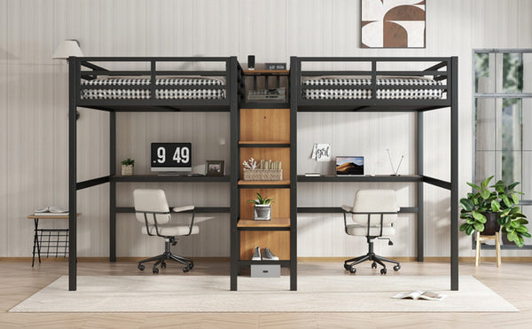 English Elm Twin Over Twin Metal Loft Bed With Double Desk, Wardrobe & Outlets For Ultimate Space Efficiency W1580S00115-GIGA