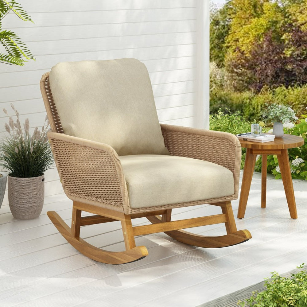 English Elm Contemporary Wicker Rocking Chair Pe Rattan Weave Wooden Frame Plush Cushions Patio Beige N767P229004N