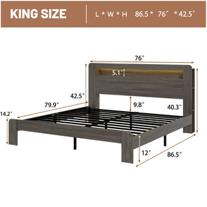 English Elm Bed King Platform Wood Frame Led Headboard Usb Charging Ports Under Storage Dark Grey W636P288910
