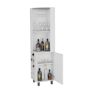 English Elm White Corner Bar Cabinet with Four Shelves, Built-in Wine Rack & Glass Holder for Stylish Storage B062S00604