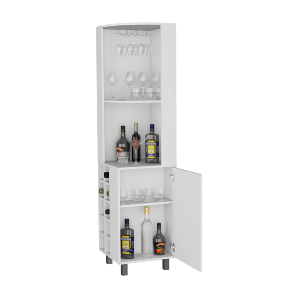 English Elm White Corner Bar Cabinet with Four Shelves, Built-in Wine Rack & Glass Holder for Stylish Storage B062S00604