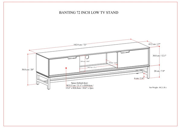 English Elm Banting 72 inch Low TV Stand in Walnut Brown – Solid Rubberwood, Metal Base, Storage, Cord Management B136P203489