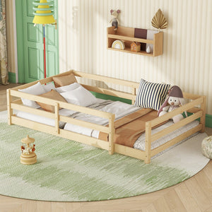 English Elm Twin Pine Montessori Floor Bed for Kids with Safety Fence, Low Profile Twin Frame, Natural Finish W1820P331919