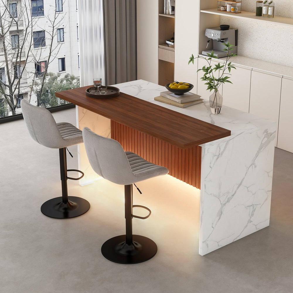 English Elm 63" Modern Kitchen Island Set With 2 Gray Bar Stools - Stylish Marble Look, Led Lighting & Versatile Use W2699S00070