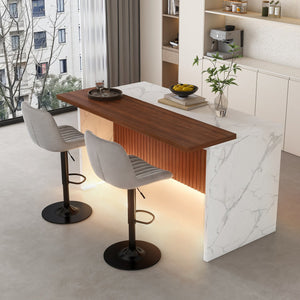 English Elm 63" Modern Kitchen Island Set With 2 Gray Bar Stools - Stylish Marble Look, Led Lighting & Versatile Use W2699S00070