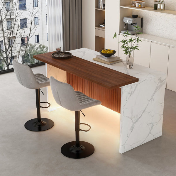 English Elm 63" Modern Kitchen Island Set With 2 Gray Bar Stools - Stylish Marble Look, Led Lighting & Versatile Use W2699S00070