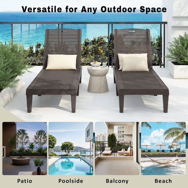 English Elm 2-Piece Outdoor Chaise Lounges with 5-Position Adjustable Backrest, UV-Proof Resin, Lightweight & Durable Dark Brown N719P293384S