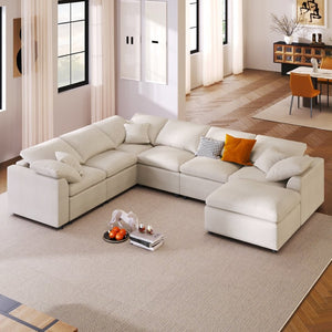 English Elm U_style Oversized Modular Sectional Plush Chenille Pine Frame Living Room Sofa with Ottoman Beige WY000453AAA