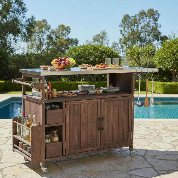 English Elm 54.33" Farmhouse Outdoor Kitchen Cart Solid Fir Frame Steel Top Storage Bbq Prep Brown N767P379702D