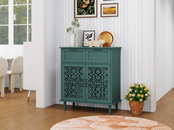 English Elm 2 Door 2 Drawer Cabinet with Solid Wood Feet, Smooth Slide Rails, Anti-Tip Lock, Easy Clean Surface Dark Green W688P179038