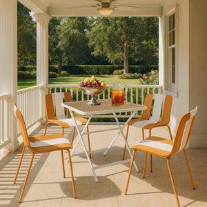 English Elm 4-Pack Modern Striped Color Block Chairs with 55" Long Table — Waterproof PP Seats, Rustproof Metal Frame Beige,khaki,Tropical Orange,White W3450S00042