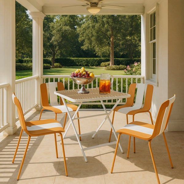 English Elm 4-Pack Modern Striped Color Block Chairs with 55" Long Table — Waterproof PP Seats, Rustproof Metal Frame Beige,khaki,Tropical Orange,White W3450S00042