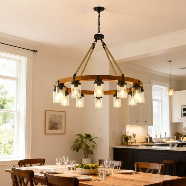 English Elm 12-light Wagon Wheel Chandelier Solid Wood Frame Seeded Glass Farmhouse Pendant W5008P390674