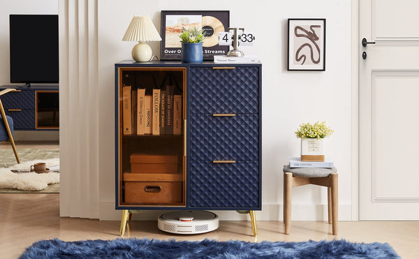 English Elm Deluxe Modern Carved Chest of Drawers with Tempered Glass Doors, 3 Drawers + 2 Compartments, Sleek Metal Legs Dark Blue W1162P295365