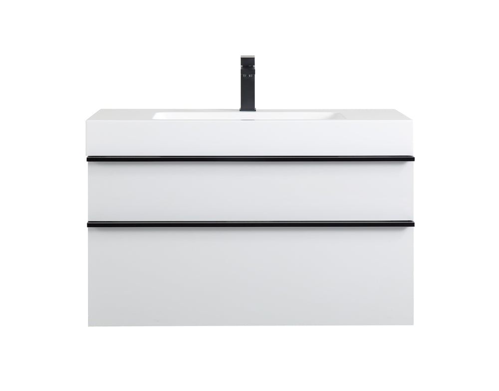 English Elm VELA 36 Inch Wall Mounted Bathroom Vanity with Integrated Acrylic Sink, Dual Wood Handles, Soft-Close Drawers, Matte Finish White W3235P327598