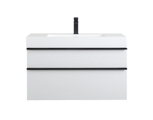 English Elm VELA 36 Inch Wall Mounted Bathroom Vanity with Integrated Acrylic Sink, Dual Wood Handles, Soft-Close Drawers, Matte Finish White W3235P327598