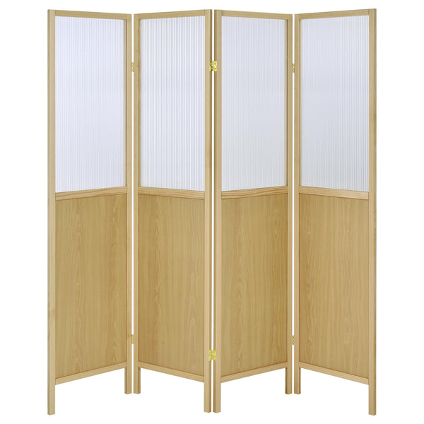 English Elm Florentin 4-Panel Room Divider Shoji Screen for Privacy and Light Diffusion with Neutral Wood Finish, Elegant Space-Defining Accent Natural B062P299810
