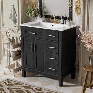 English Elm 30" Freestanding Bathroom Vanity Ceramic Sink Soft Close Cabinet Gray Wood Frame Black N729P427118B
