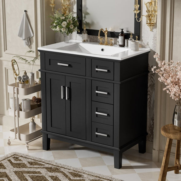 English Elm 30" Freestanding Bathroom Vanity Ceramic Sink Soft Close Cabinet Gray Wood Frame Black N729P427118B