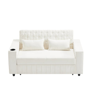 English Elm 61.4" Pull-out Sofa Bed Loveseat with Adjustable 3-Position Backrest, USB Ports, Cup Holders, Storage Rack Beige N719S001900A