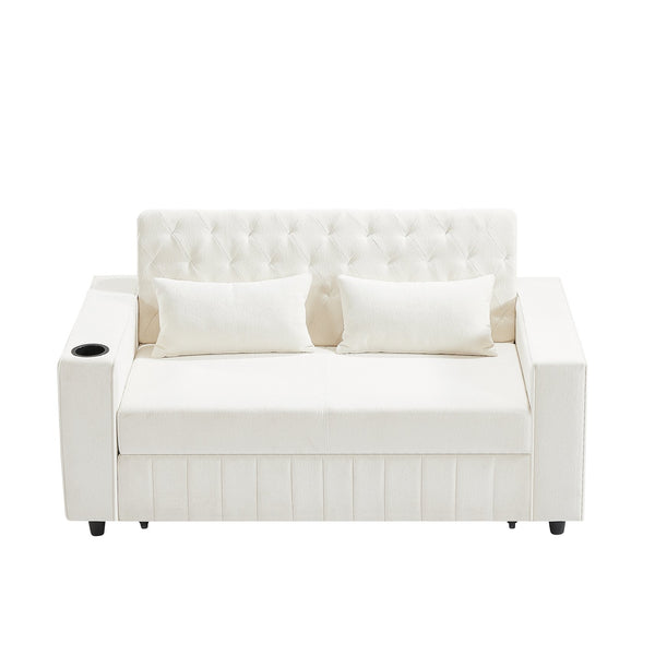 English Elm 61.4" Pull-out Sofa Bed Loveseat with Adjustable 3-Position Backrest, USB Ports, Cup Holders, Storage Rack Beige N719S001900A