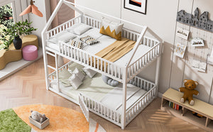 English Elm Metal Twin over Twin House Bunk Bed with Playful Roof, Sturdy Metal Frame, Quiet Support for Kids White N709P214091K