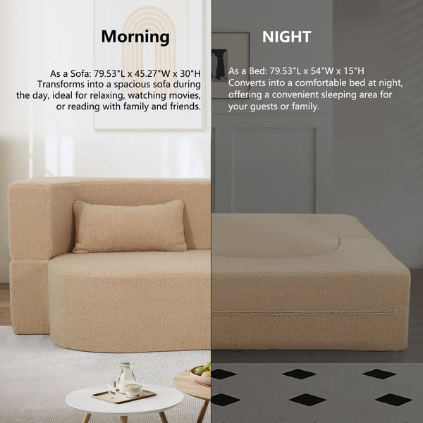 English Elm 2-in-1 Convertible Sofa Bed - Full Size Folding Loveseat with Plush Teddy Fabric, No Assembly Needed Apricot W3163P322892