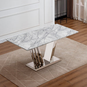 English Elm Marble Dining Table For 6-8 People, Stylish Rectangular Faux Marble Top With Chrome Base Elegance W3456S00022