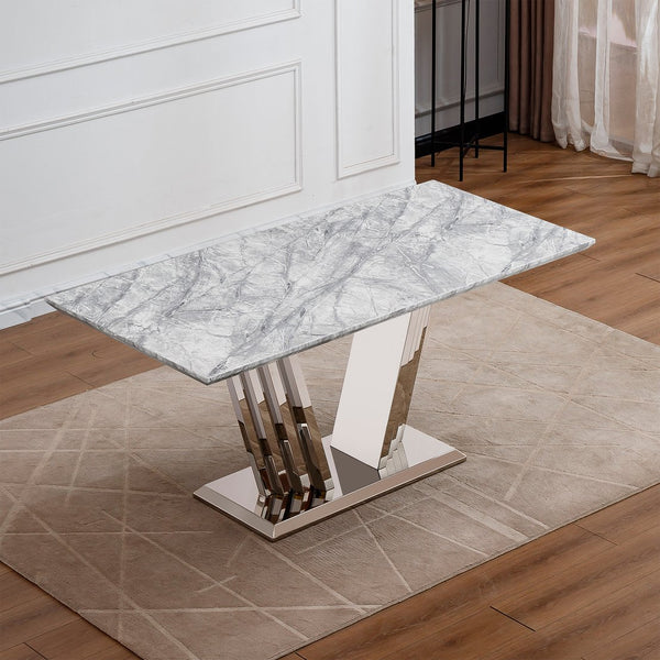 English Elm Marble Dining Table For 6-8 People, Stylish Rectangular Faux Marble Top With Chrome Base Elegance W3456S00022
