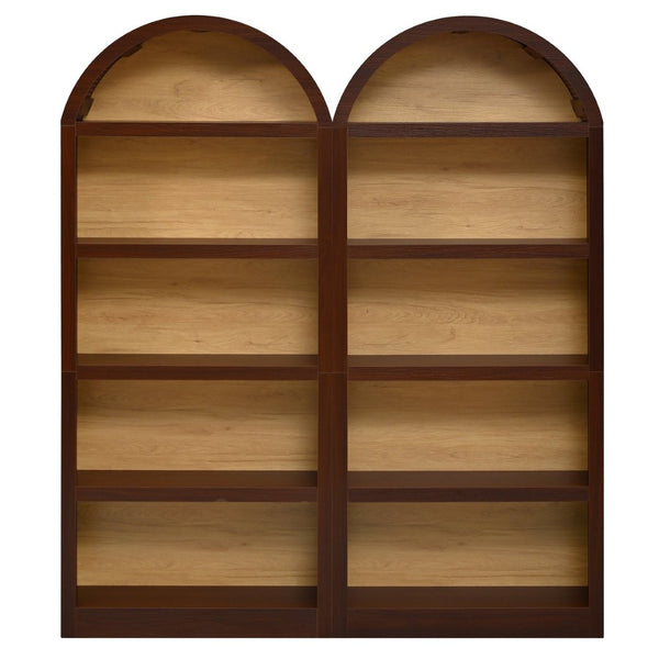 English Elm On-trend Farmhouse Two-tone Bookcase Set Arched Fabric Crown Open 5-tier Shelving Walnut N721P411205P