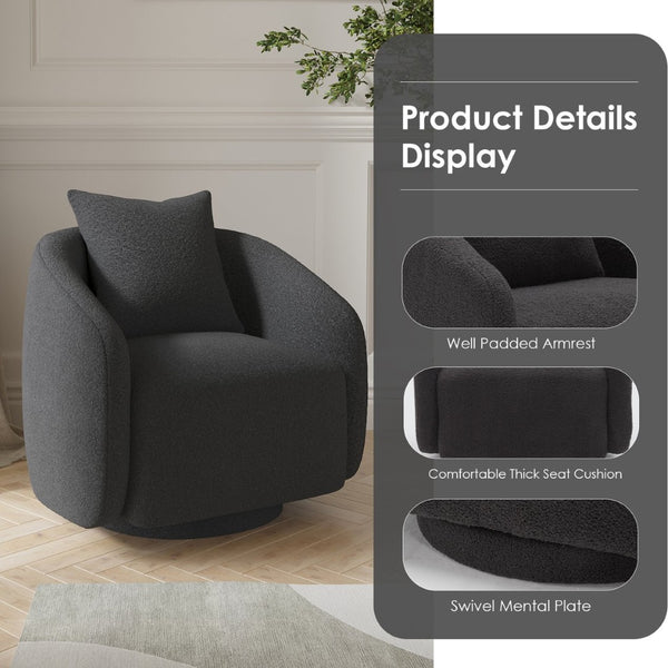 English Elm Swivel Barrel Armchair in Teddy Fabric with Lumbar Pillow and Solid Wood Legs Dark Gray T3623P430701