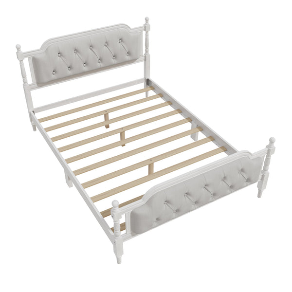 English Elm Traditional Solid Wood Bed Frame with Tufted Upholstered Headboard, No Box Spring Needed, Sturdy 400 lb Capacity Antique White 57.5 L x 22.5 W x 10.5 H N701P242546K