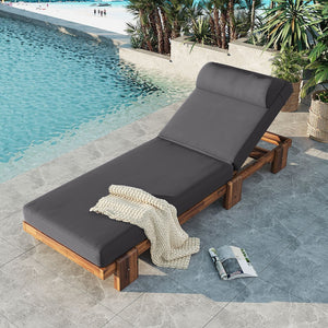English Elm U_style Acacia Wood Outdoor Chaise Lounge with Retractable Tray and Padded Headrest Dark Gray WY000473AAE