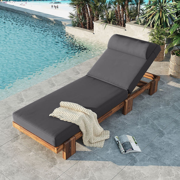 English Elm U_style Acacia Wood Outdoor Chaise Lounge with Retractable Tray and Padded Headrest Dark Gray WY000473AAE