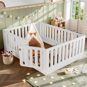 English Elm Queen Solid Pine Montessori Floor Bed for Kids with House Frame and Built-in Door Light White W5305P420638
