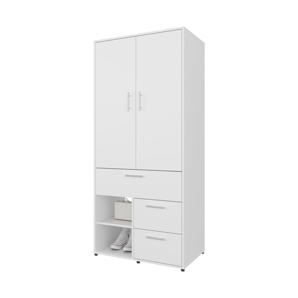 English Elm White Multi-Storage Wardrobe with Rod and Shelves — Modern Melamine Organizer with Drawers, 70.9"H, 31.5"W B062S01140