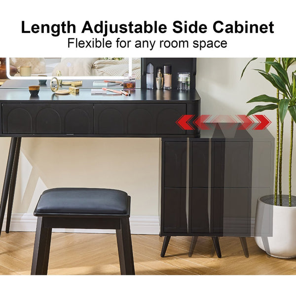 English Elm Modern Makeup Vanity Desk with Slide-Out Cabinet, LED Mirror, 4 Soft-Close Drawers & Cushioned Stool Black N844P257529B