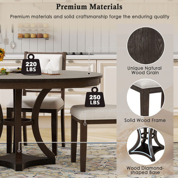 English Elm TREXM Retro 5-Piece Extendable Round-to-Oval Dining Set with Upholstered Chairs and Distressed Finish Espresso ST000144AAP