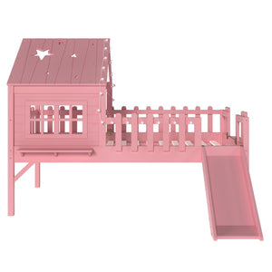 English Elm Twin Playhouse Loft Bed Solid Pine Frame with Slide Led Lights and Star Roof Pink W5316S00003