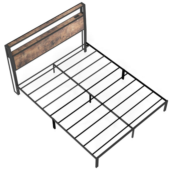 English Elm Queen Metal Platform Bed with Rgb Led Headboard Charging Station and Underbed Storage Brown T3963P483788