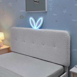 English Elm Full Size Kids Storage Bed Boucle Upholstered Rabbit Ear Headboard with Led Lighting Beige W1413P384924